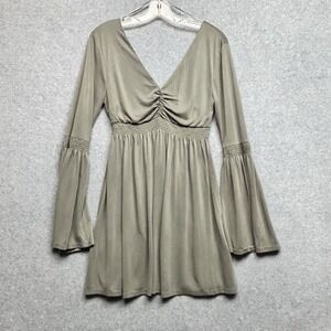 Lola Basil Womens Babydoll Mini Dress Bell Sleeves Small Olive Green Boho Y2K